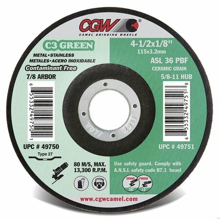 CGW ABRASIVES C3 Green Depressed Center Wheel, 4-1/2 in Dia x 1/8 in THK, 36 Grit, Ceramic Abrasive 49751